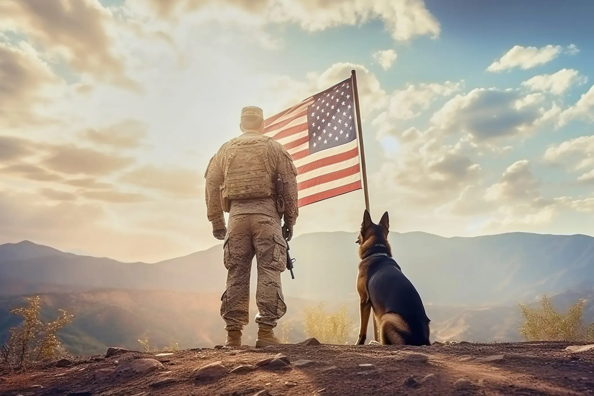 Soldier with American Flag and Dog